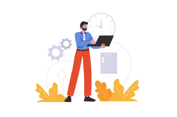 Man works on schedule and completes tasks on time Man works on schedule and completes tasks on time. Organization of work process, deadlines and projects, people scene isolated. Time management concept. Vector illustration in flat minimal design man doing household chores stock illustrations