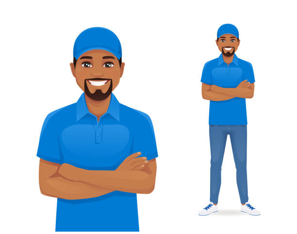 Delivery man Handsome delivery african man in blue uniform standing with arms crossed isolated vector illustration man cross arms stock illustrations