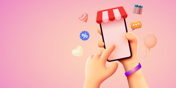 ilustraciones, imágenes clip art, dibujos animados e iconos de stock de teléfono inteligente móvil de mano con la aplicación shopp. concepto de compra online. - banner internet shopping store