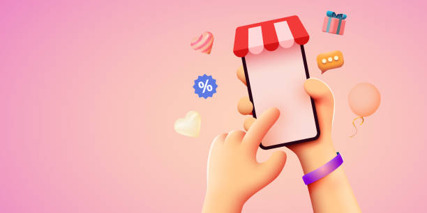 쇼핑 응용 프로그램과 휴대 전화 의 손을 들고. 온라인 쇼핑 컨셉. - online shopping stock illustrations