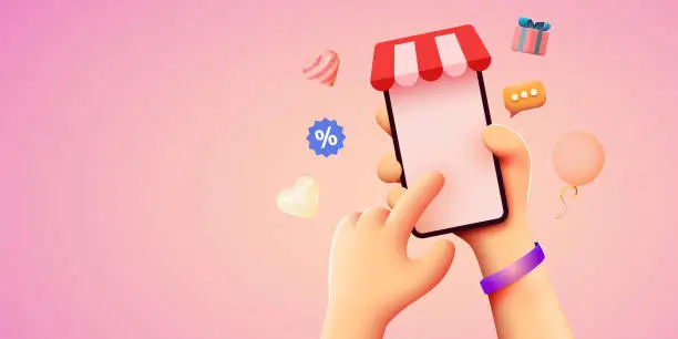 Vector illustration of Hand holding mobile smart phone with shopp app. Online shopping concept.