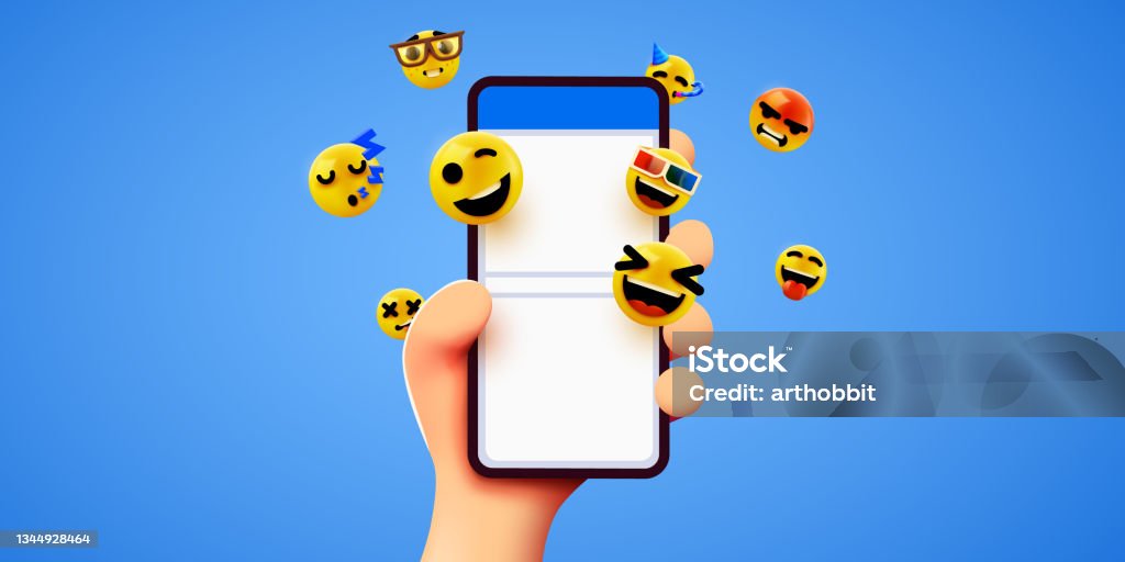 Hand holding phone emoticons. Social media and messenger chatting. Hand holding phone emoticons. Social media and messenger chatting. Vector illustration Emoticon stock vector