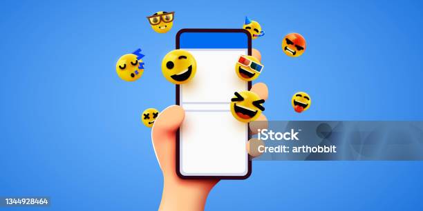 Hand Holding Phone Emoticons Social Media And Messenger Chatting Stock Illustration - Download Image Now