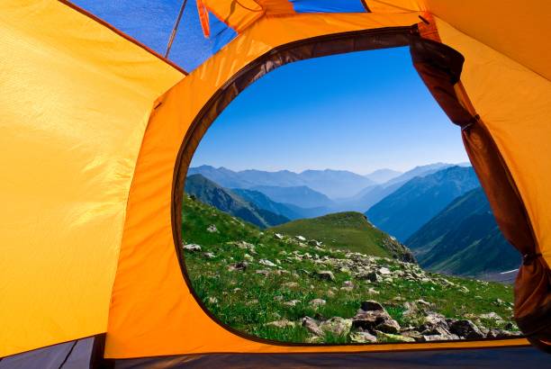 istock view from a touristic tent to a blue misty mountains 1344930984