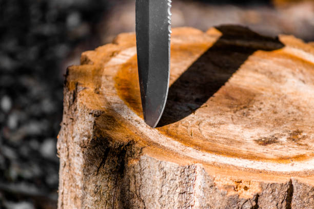 a borda da faca se destaca no cânhamo de madeira e cria uma sombra. - knife edge - fotografias e filmes do acervo