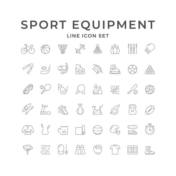 illustrations, cliparts, dessins animés et icônes de définir les icônes de ligne de l’équipement sportif - baseballs ball sport gym