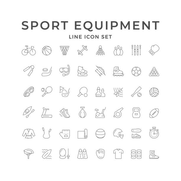 ilustrações, clipart, desenhos animados e ícones de definir ícones de linha de equipamentos esportivos - baseballs ball sport gym