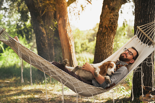 Resting with dog in a hammock outdoors