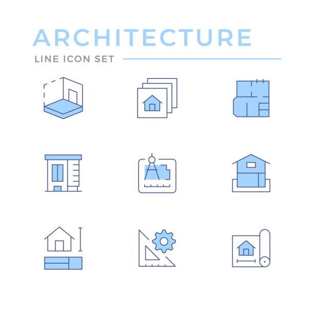 ilustrações, clipart, desenhos animados e ícones de definir ícones da linha de cores da arquitetônica - drawing compass architecture work tool engineering