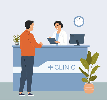 Man at the reception desk in the interior of the hospital. Vector flat style cartoon illustration.