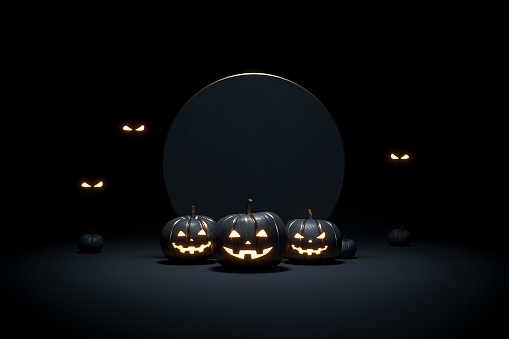 Halloween background with scary faces pumpkins are glowing in dark. Black and gold template for Halloween. 3d render 3d illustration.