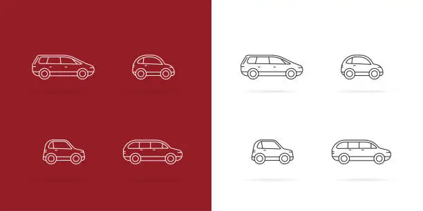 Vector illustration of Cars icons Set. White lines style on dark and white background.