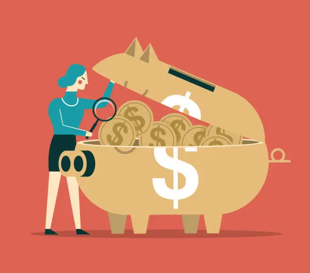 Vector illustration of Businesswoman - Piggy Bank - Investment