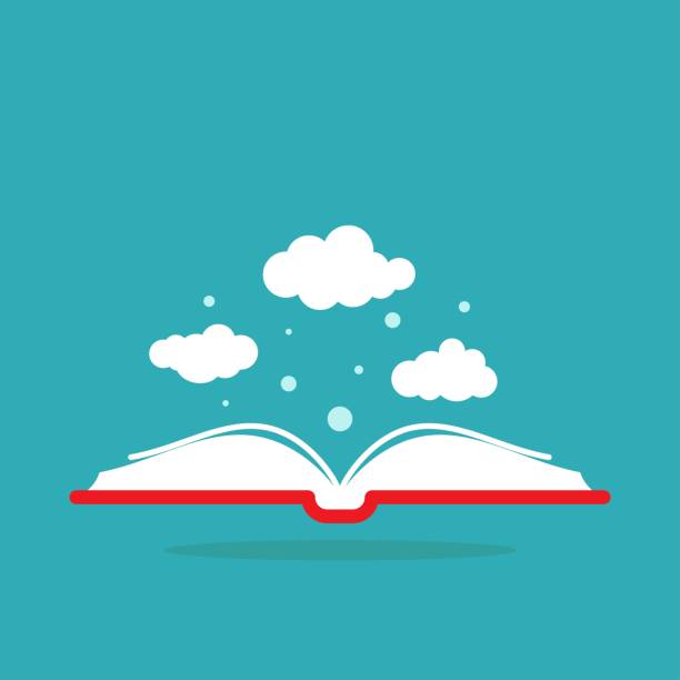 istock Open book with red book cover and white clouds flying out. Isolated on powder blue background. 1344938350
