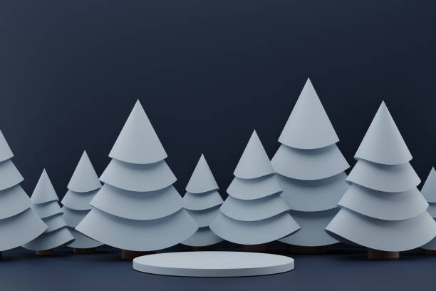 istock 3d illustration with green christmas trees on blue background. Winter decoration 1344938377