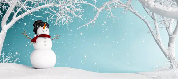 White Snowman in magical frozen forest at snowy winter night 3D Rendering, 3D Illustration