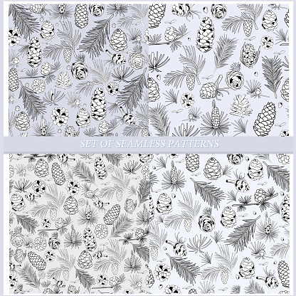 Set of seamless patterns with pine cones in the style of line art on a light background.