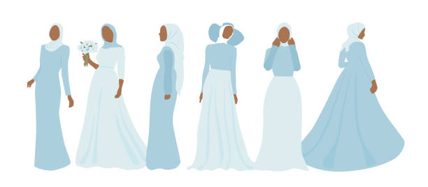 abstrakte gesichtslose porträts von frauen in kleidung und hijab. set von schönen muslimischen bräuten. moderne vektorillustration isoliert auf weißem hintergrund - wedding black american culture bride stock-grafiken, -clipart, -cartoons und -symbole