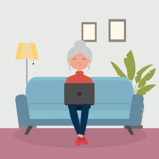 Cute cartoon grandmother sitting with a laptop Cute cartoon grandmother with a laptop grey hair on floor stock illustrations