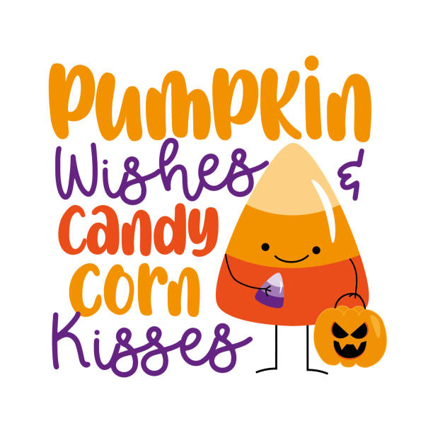illustrations, cliparts, dessins animés et icônes de pumpkin wishes et candy corn kisses - dicton amusant avec du maïs bonbon mignon avec un sac de citrouille et des bonbons. - taffy