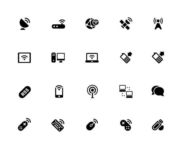 Wireless Communications Icon Set - 32px Solid Set of 20 simple vector icons adjusted at 32 pixels and scalable to any size. computer network router communication internet stock illustrations