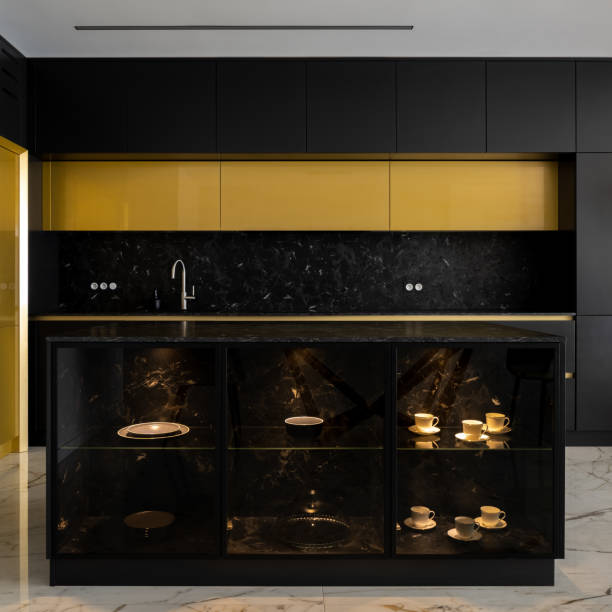 istock Elegant kitchen island with decorative shelves 1344941693