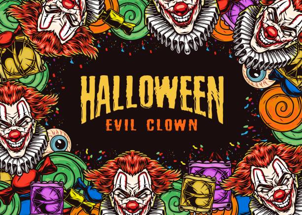 хэллоуин вечеринка красочный винтажный шаблон - clown evil horror spooky stock illustrations