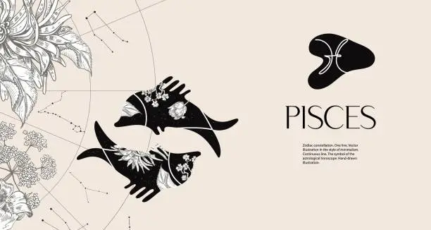 Vector illustration of Zodiac sign Pisces. Black silhouette  with white flowers. Horizontal background