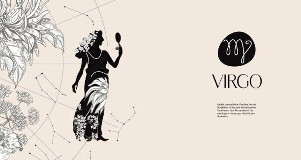 Zodiac sign Virgo. Black silhouette  with white flowers. Horizontal background Zodiac sign Virgo. Black silhouette  with white flowers. Horizontal background with zodiac constellations. Template for postcard, brochure, page, booklet. virgo stock illustrations