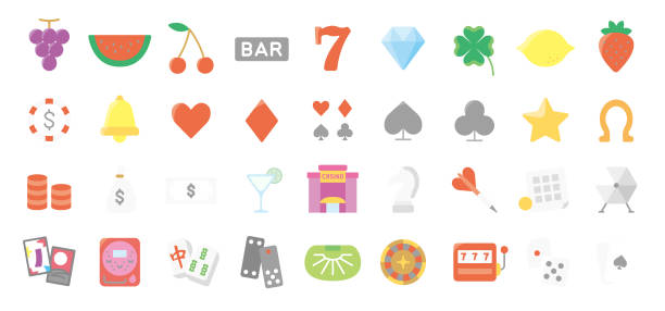 Casino and Gambling Icon Set (Flat color version) This is a set of casino icons. This is a set of simple icons that can be used for website decoration, user interface, advertising works, and other digital illustrations. pachinko machine stock illustrations