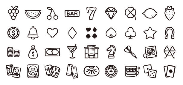 Casino and Gambling Icon Set (Hand draw version) This is a set of casino icons. This is a set of simple icons that can be used for website decoration, user interface, advertising works, and other digital illustrations. pachinko machine stock illustrations