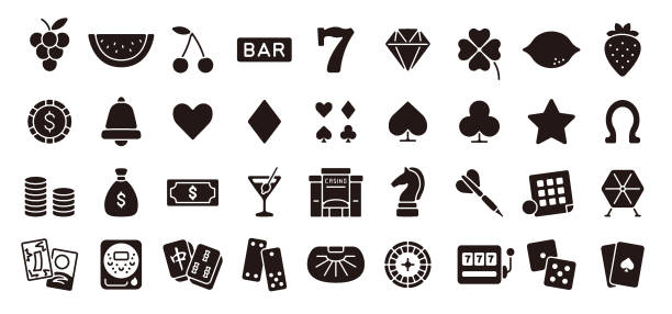 Casino and Gambling Icon Set (Flat Silhouette Version) This is a set of casino icons. This is a set of simple icons that can be used for website decoration, user interface, advertising works, and other digital illustrations. pachinko machine stock illustrations