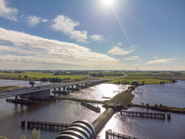 istock Inflatable rubber dam balgstuw at Ramspol inflated seen from above 1344943528