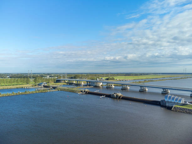 istock Inflatable rubber dam balgstuw at Ramspol inflated seen from above 1344943656