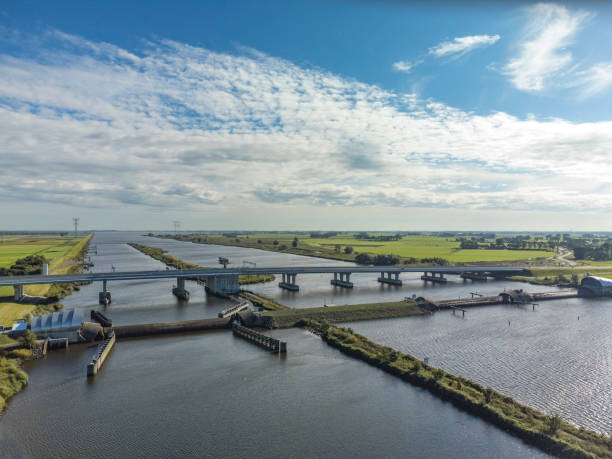 istock Inflatable rubber dam balgstuw at Ramspol inflated seen from above 1344943669