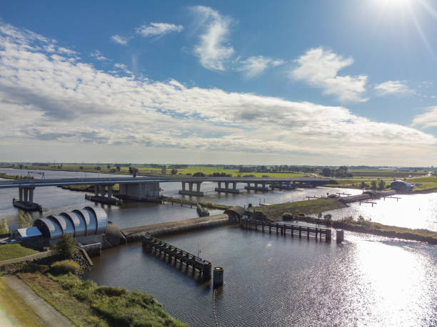 istock Inflatable rubber dam balgstuw at Ramspol inflated seen from above 1344943697