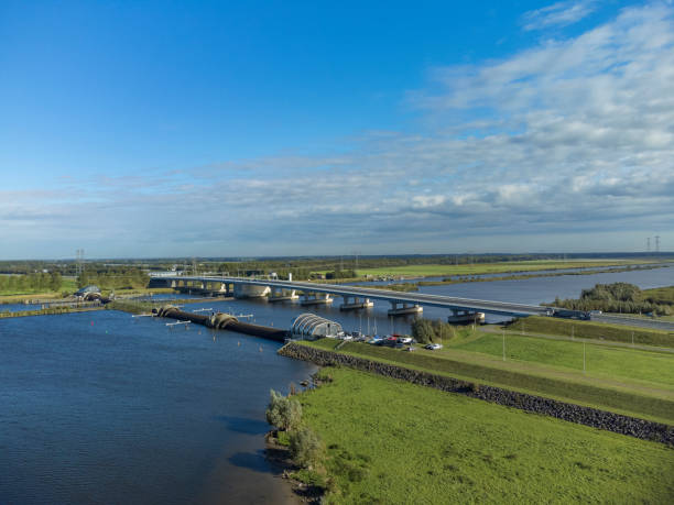 istock Inflatable rubber dam balgstuw at Ramspol inflated seen from above 1344943722