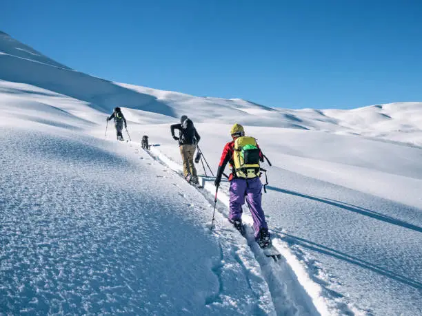 Active people ski touring on mountain skis and splitboard at sunny winter day