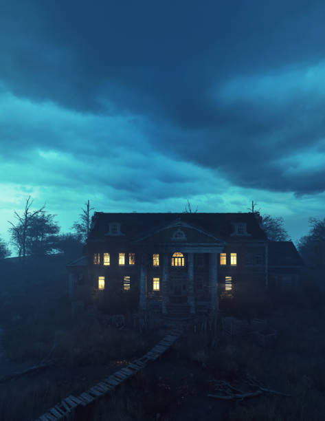 istock Ominously dilapidated and abandoned mansion with illuminated interior lighting at dusk under a cloudy sky. 3D rendering. 1344943826