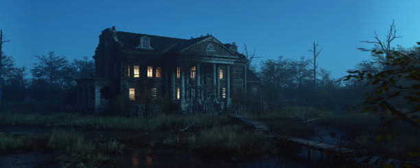 istock Ominously dilapidated and abandoned mansion with illuminated interior lighting at dusk. 3D rendering. 1344943829