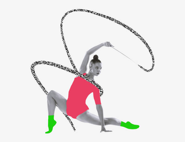 In motion. Creative artwork, design of young female athlete training over white background. Cloth and ribbon drawings. Concept of sport, motion, strength, hobby, youth, health. Copy space for ad