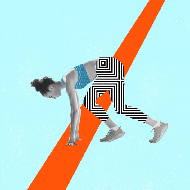 istock Creative artwork of young professional female althlete with drawn unifrom elements praparing ro run 1344945454