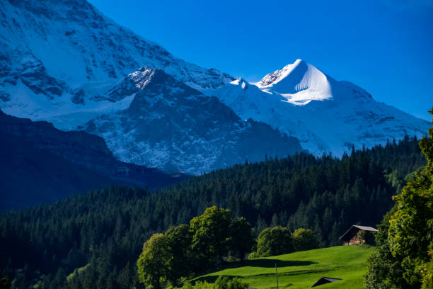 brillante luz de otoño, largas sombras y perspectivas inusuales desde el nuevo v-bahn gondela cable way a mannlichen sobre la base de la cara norte del eiger sobre grindelwald, suiza. octubre de 2021. - silberhorn fotografías e imágenes de stock