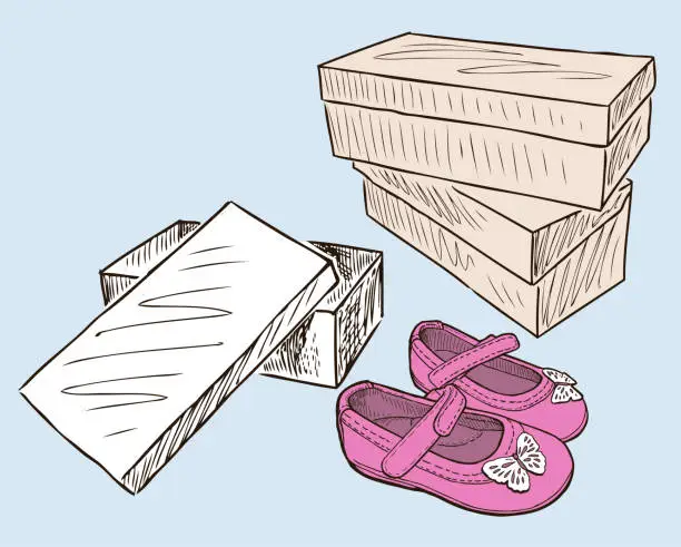 Vector illustration of Vector drawing of packing boxes with new pink shoes for little girl