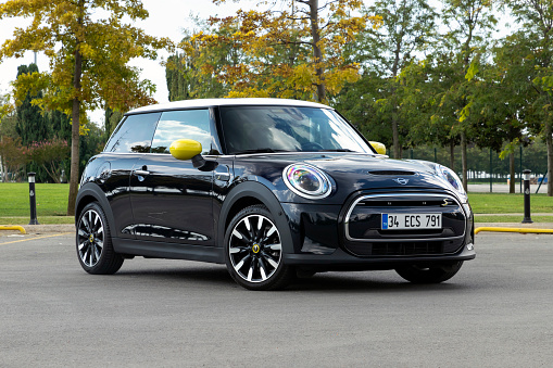 Istanbul, Turkey - September 16 2021 :  Mini Cooper SE is an all-electric version of the Mini. It is parked for photoshoot.