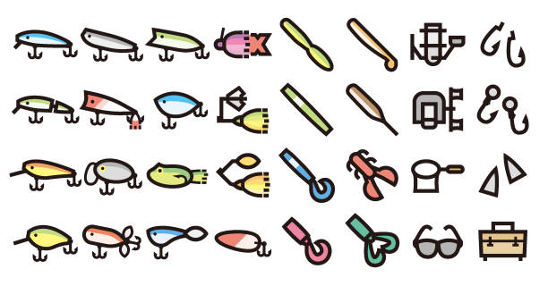 ilustraciones, imágenes clip art, dibujos animados e iconos de stock de juego de iconos de señuelo de pesca y pesca (versión de color de contorno en negrita) - minnow