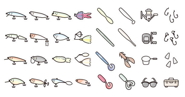 Angling and Fishing Lure Icon This is a set of fishing lure icons. This is a set of simple icons that can be used for website decoration, user interface, advertising works, and other digital illustrations. black sea bass stock illustrations