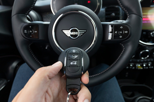 Istanbul, Turkey - September 16 2021 :  Mini Cooper SE is an all-electric version of the Mini. It has wireless car key.