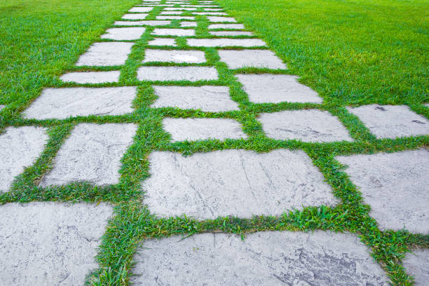 istock Old paving in a public park made with irregularly shaped stone blocks in a pedestrian zone and fresh green lawn 1344949505