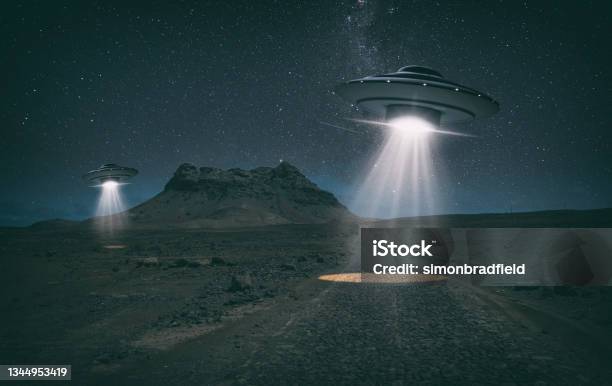 Old Style Ufos Over The Desert Stock Photo - Download Image Now - Area 51 - Nevada, UFO, Old-fashioned